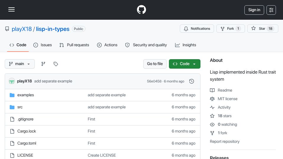 Screenshot of github.com: Lisp in the Rust Type System
