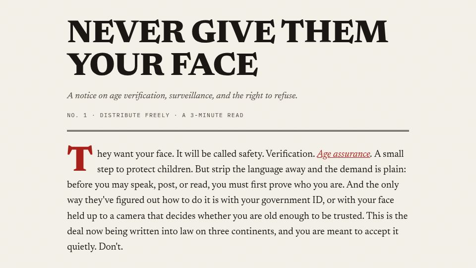 Screenshot of nevergivethemyourface.com: Never Give Them Your Face