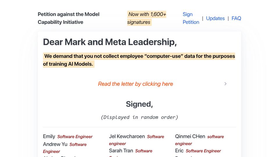 Screenshot of mcipetition.com: Petition against Meta's employee training data collection for ML models