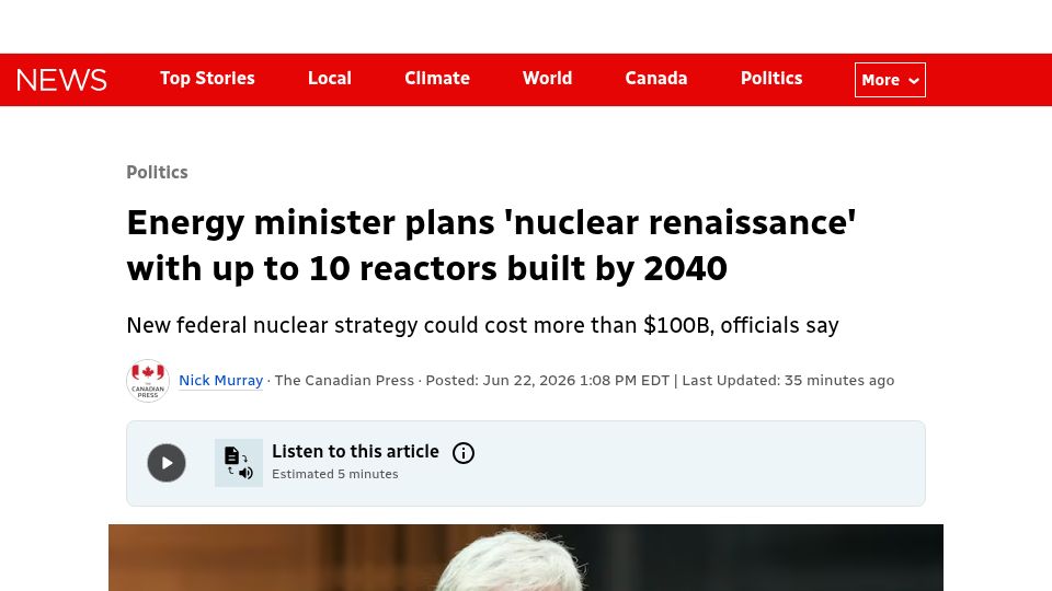Screenshot of cbc.ca: Canada plans 'nuclear renaissance' with up to 10 reactors built by 2040