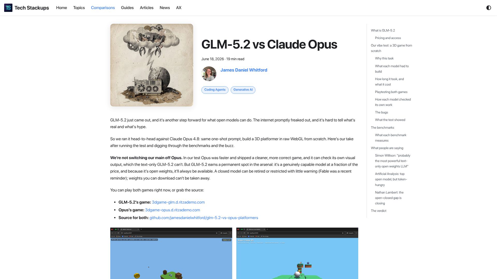 Screenshot of techstackups.com: GLM 5.2 vs. Opus