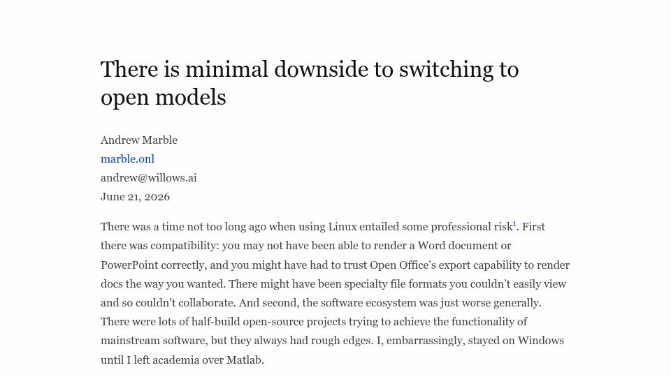 Screenshot of marble.onl: There is minimal downside to switching to open models