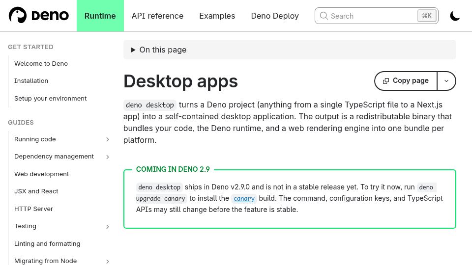 Screenshot of docs.deno.com: Deno Desktop