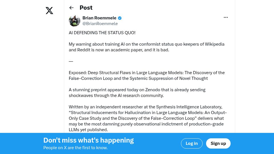 Screenshot of twitter.com: LLMs do not merely reflect the bias of their training, they police it