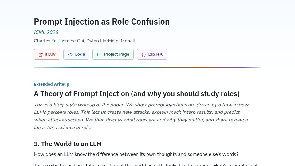 Screenshot of role-confusion.github.io: Prompt Injection as Role Confusion
