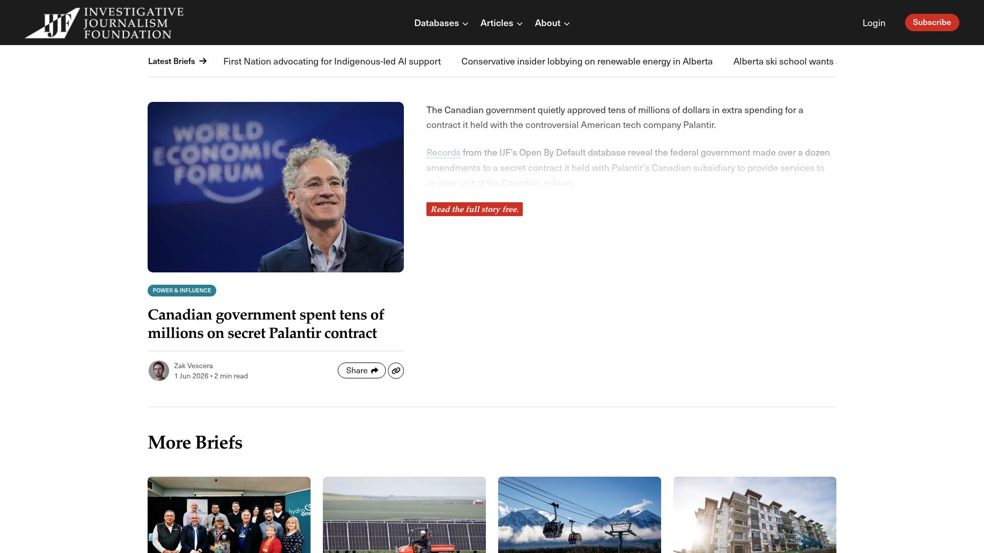 Screenshot of theijf.org: Canadian government spent $46.8M on a secret Palantir contract