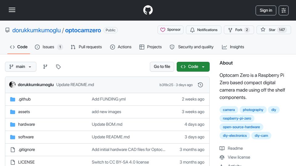 Screenshot of github.com: Optocam Zero: a Pi Zero based digital camera made using off the shelf components