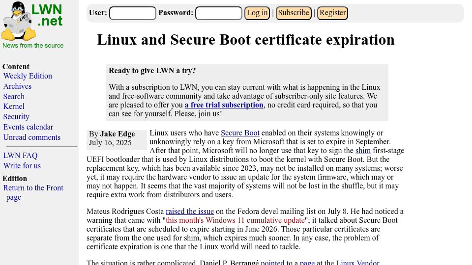 Screenshot of lwn.net: Linux and Secure Boot certificate expiration (2025)