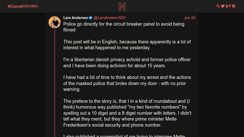 Screenshot of twitter.com: Danish privacy activist Lars Andersen raided by police
