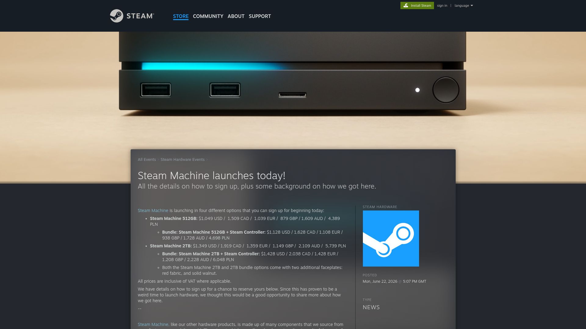Screenshot of store.steampowered.com: Steam Machine Launches Today