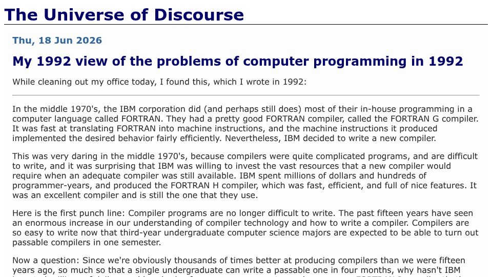 Screenshot of blog.plover.com: My 1992 view of the problems of computer programming in 1992