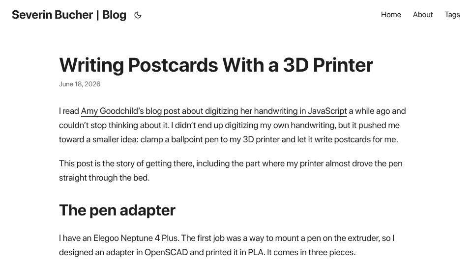 Screenshot of severinbucher.com: Writing Postcards with a 3D Printer