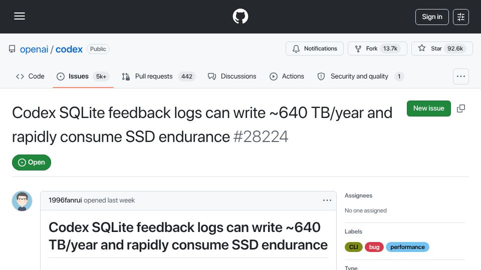 Screenshot of github.com: Codex logging bug may write TBs to local SSDs