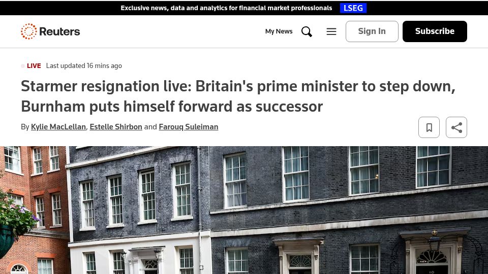 Screenshot of reuters.com: Britain's prime minister to step down, Burnham puts himself forward as successor