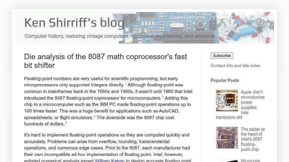 Screenshot of righto.com: Die analysis of the 8087 math coprocessor's fast bit shifter (2020)