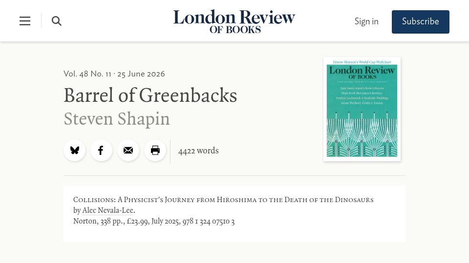 Screenshot of lrb.co.uk: Luis Alvarez's Journey from Hiroshima to the Death of the Dinosaurs