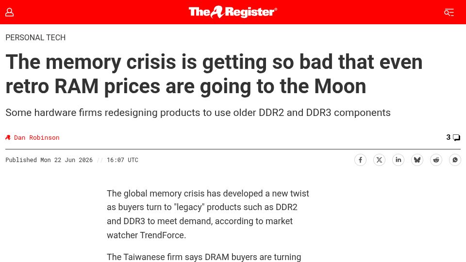Screenshot of theregister.com: Memory crisis is getting so bad that even retro RAM prices are going to the Moon