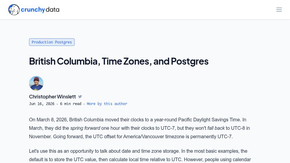 Screenshot of crunchydata.com: British Columbia, Time Zones, and Postgres