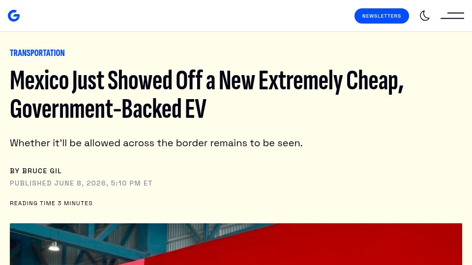 Screenshot of gizmodo.com: Mexican government unveils a prototype for a new homegrown, ultra-affordable EV