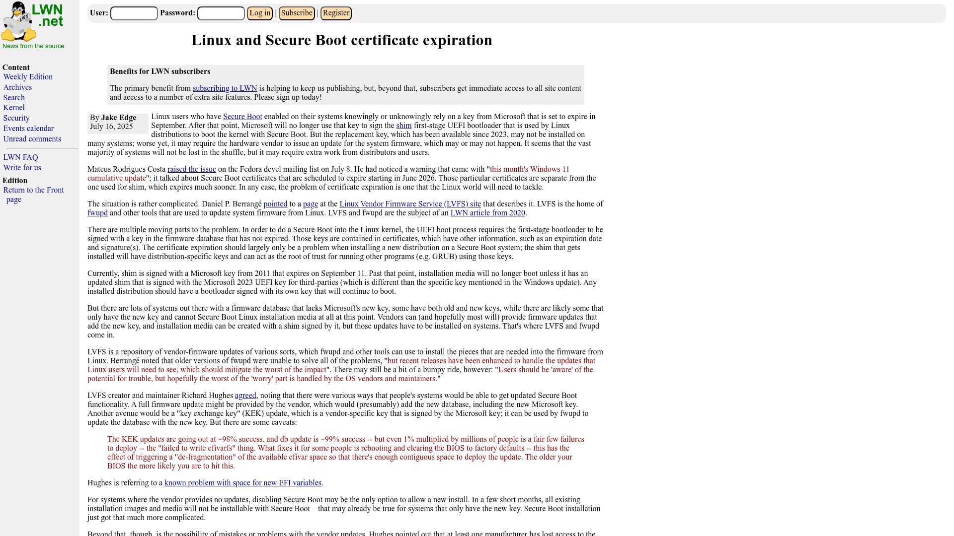 Screenshot of lwn.net: Linux and Secure Boot certificate expiration (2025)