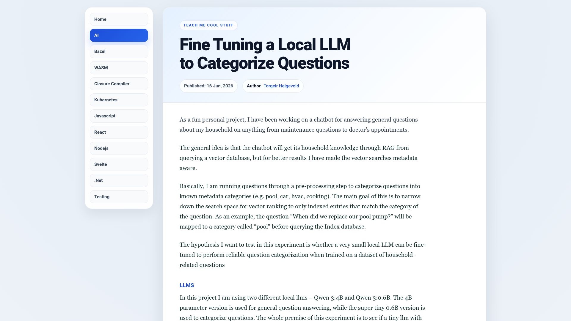Screenshot of teachmecoolstuff.com: Good results fine tuning a local LLM like Qwen 3:0.6B to categorize questions