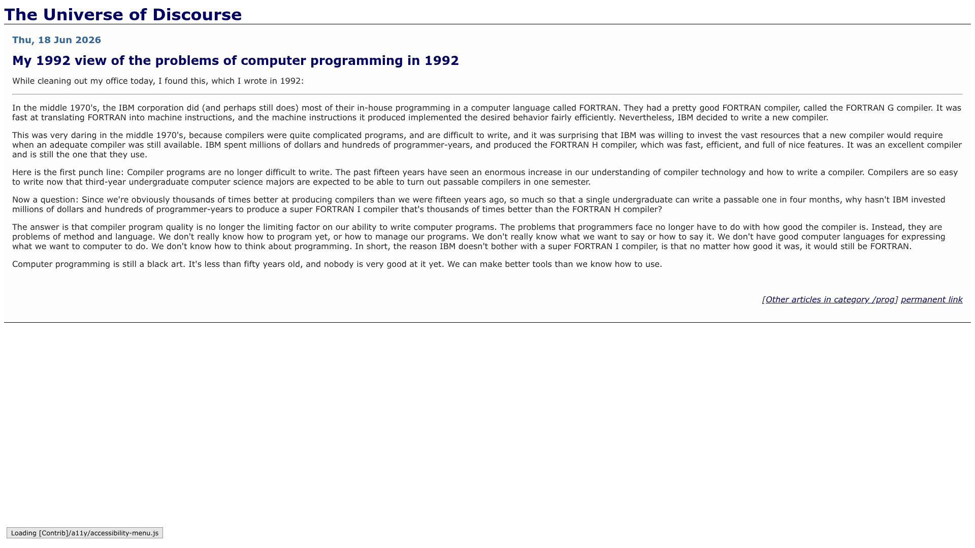 Screenshot of blog.plover.com: My 1992 view of the problems of computer programming in 1992