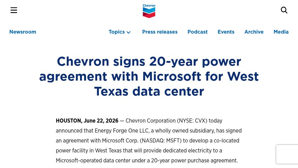 Screenshot of chevron.com: Chevron signs 20-year power agreement with Microsoft for West Texas data center