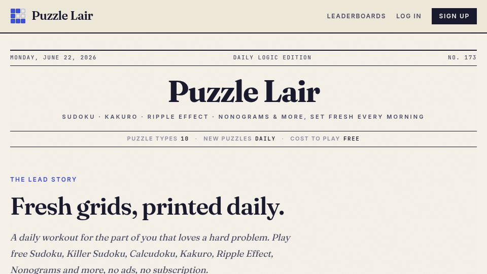Screenshot of puzzlelair.com: Show HN: Got sick of ads, so I made my own logic puzzle site