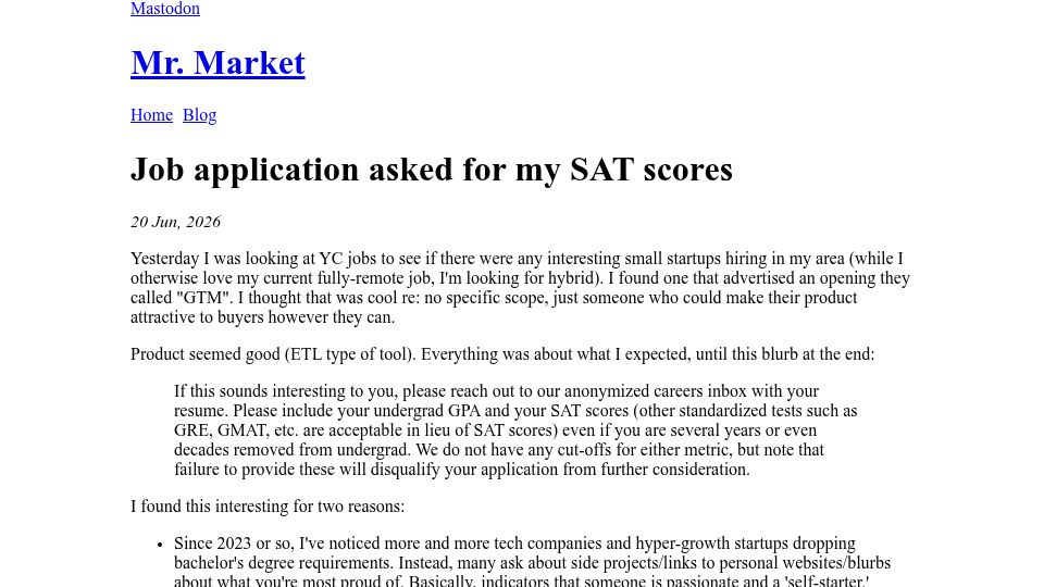 Screenshot of mrmarket.lol: Job application asked for my SAT scores