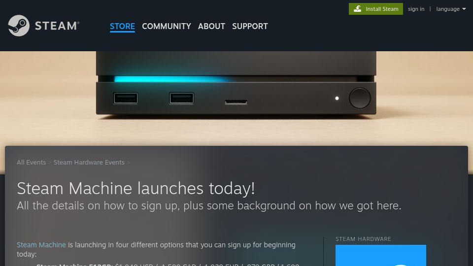 Screenshot of store.steampowered.com: Steam Machine Launches Today