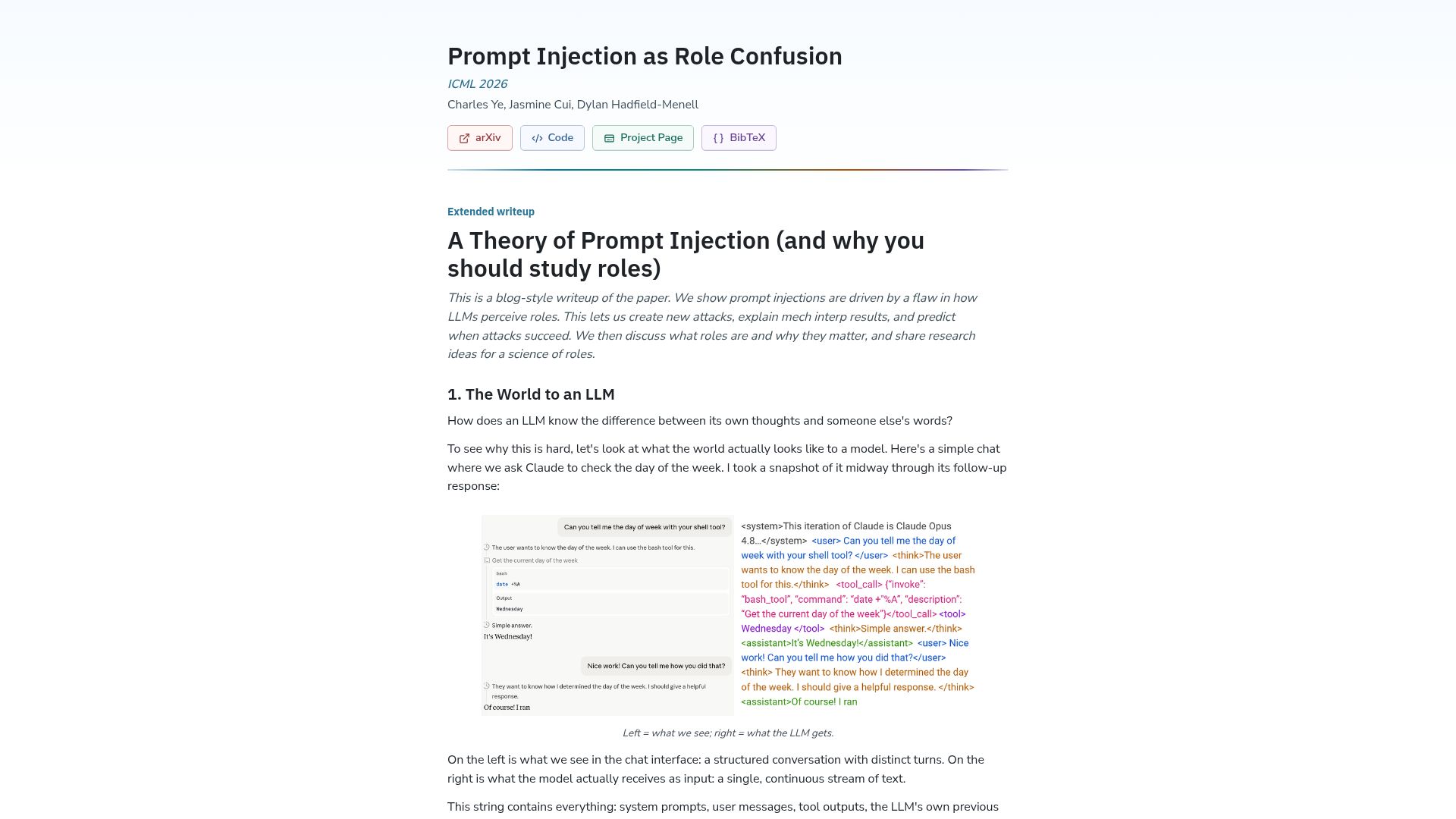 Screenshot of role-confusion.github.io: Prompt Injection as Role Confusion