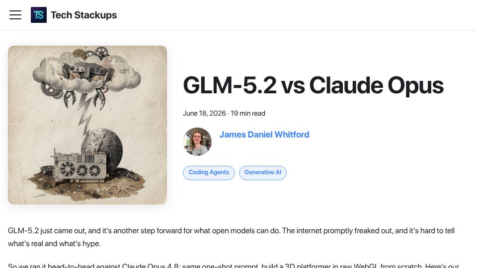 Screenshot of techstackups.com: GLM 5.2 vs. Opus