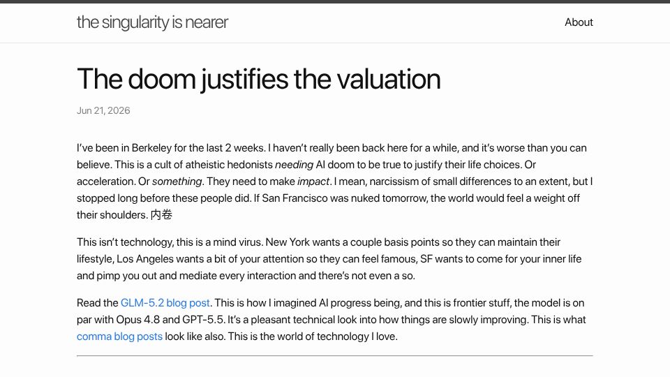 Screenshot of geohot.github.io: The Doom Justifies the Valuation