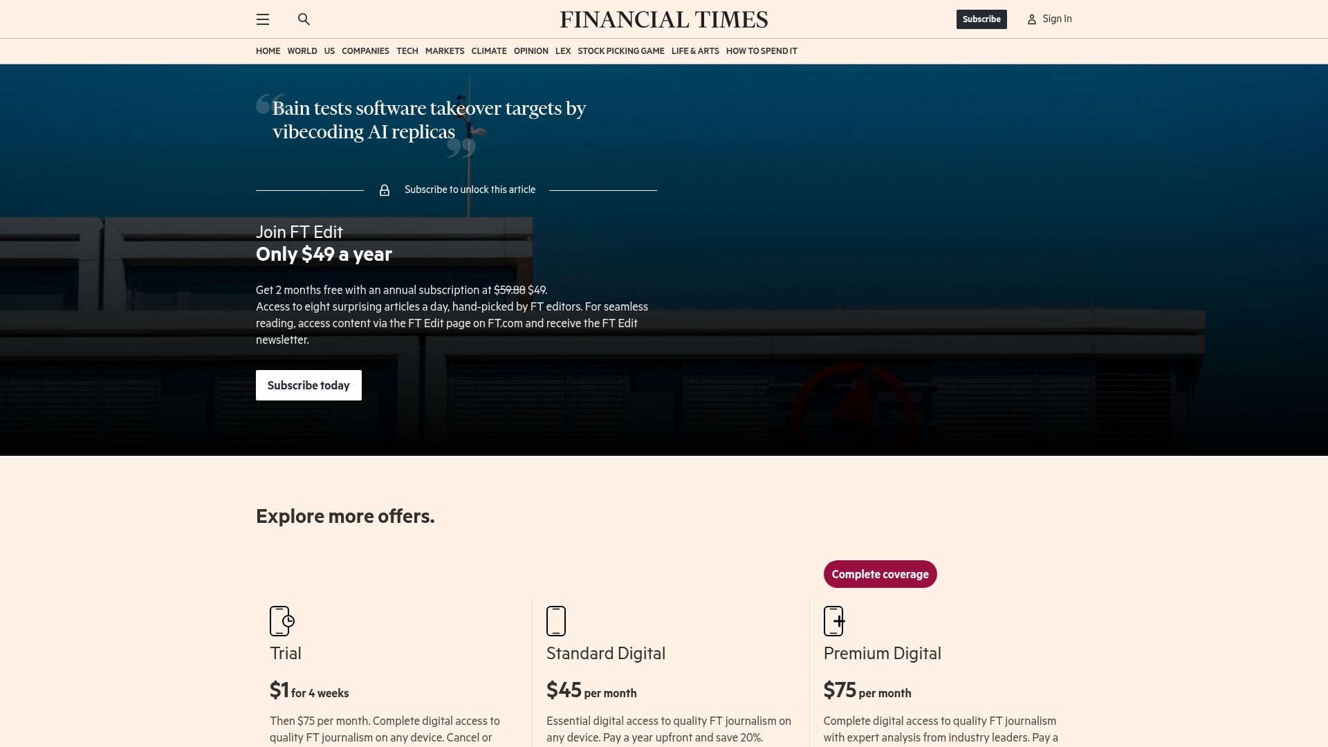 Screenshot of ft.com: Bain tests software takeover targets by vibecoding AI replicas
