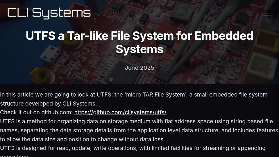 Screenshot of clisystems.com: UTFS: A Tar-Like File System for Embedded Systems (2025)