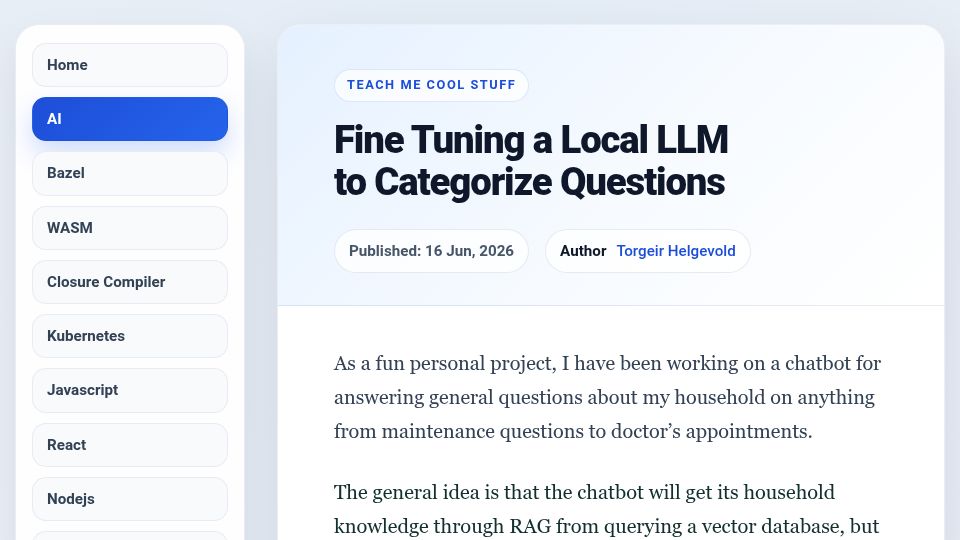 Screenshot of teachmecoolstuff.com: Good results fine tuning a local LLM like Qwen 3:0.6B to categorize questions