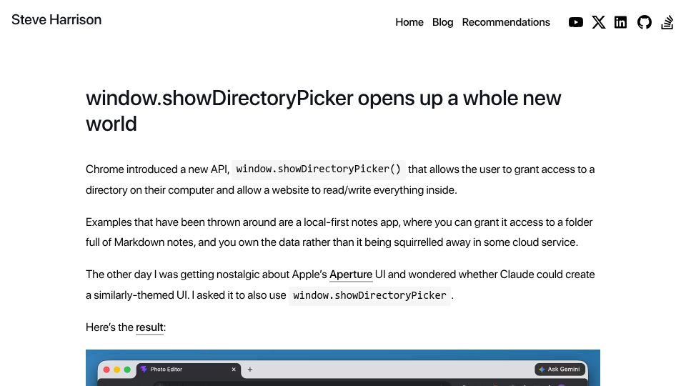 Screenshot of steveharrison.dev: window.showDirectoryPicker opens up a whole new world