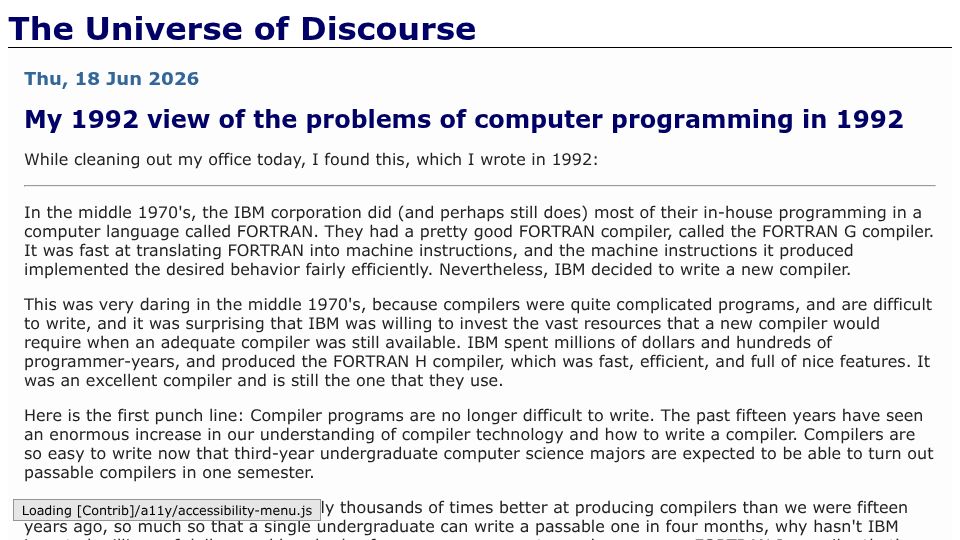 Screenshot of blog.plover.com: My 1992 view of the problems of computer programming in 1992