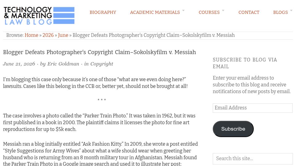 Screenshot of blog.ericgoldman.org: Blogger defeats photographer's copyright claim