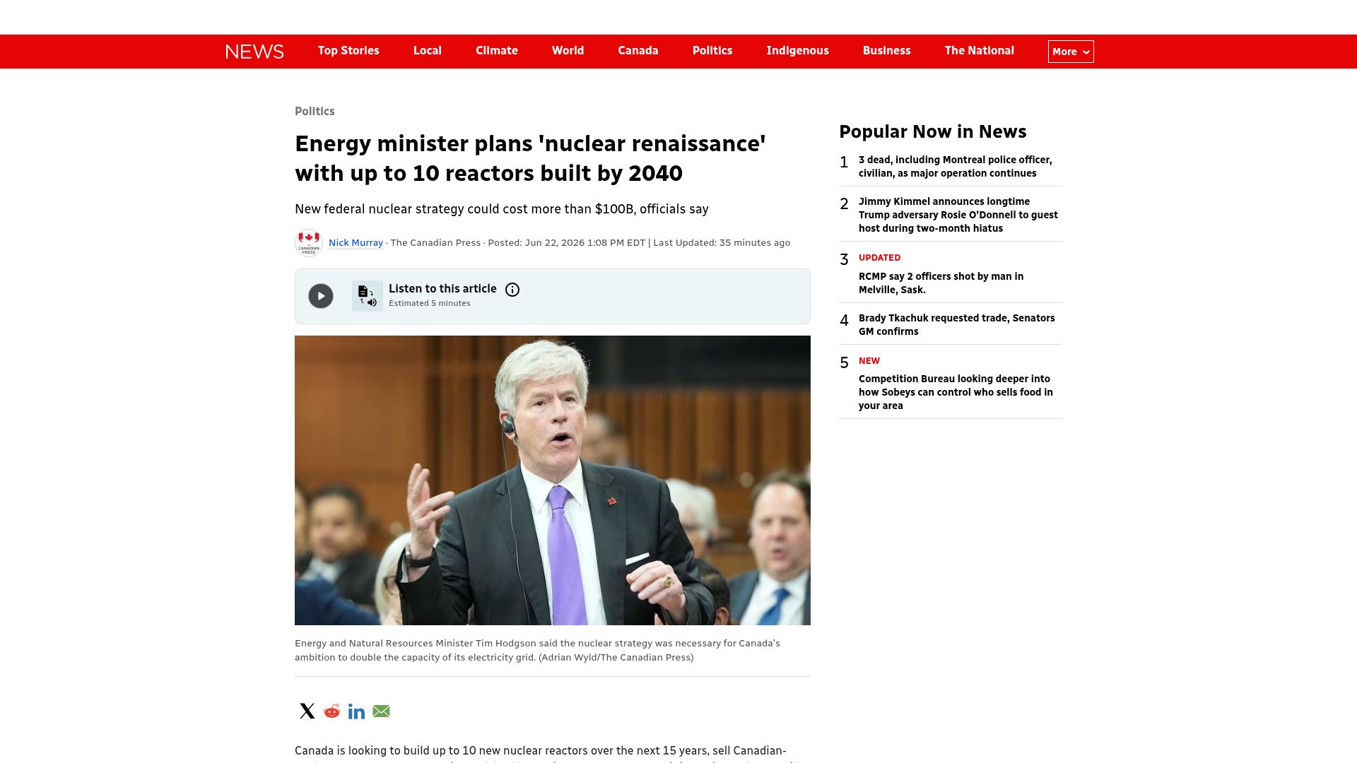 Screenshot of cbc.ca: Canada plans 'nuclear renaissance' with up to 10 reactors built by 2040