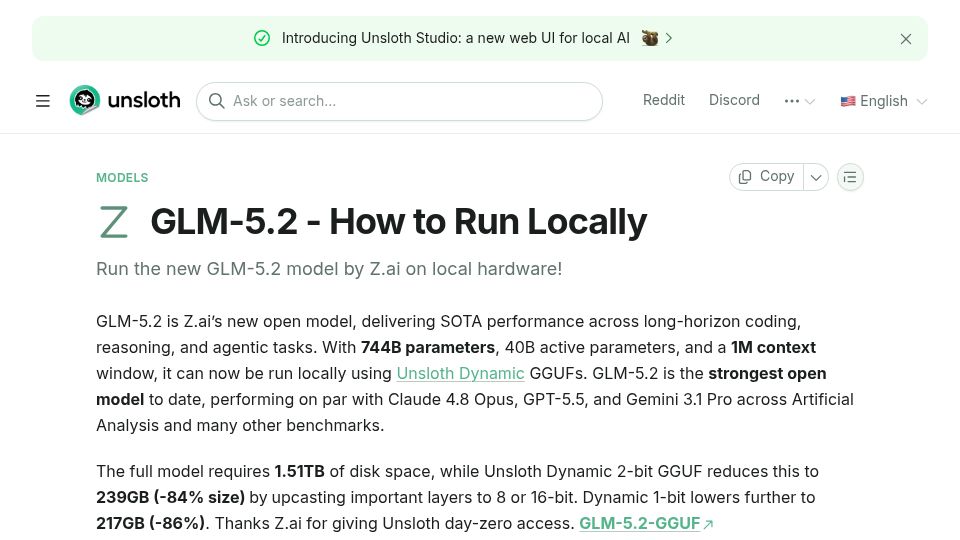 Screenshot of unsloth.ai: GLM-5.2 – How to Run Locally