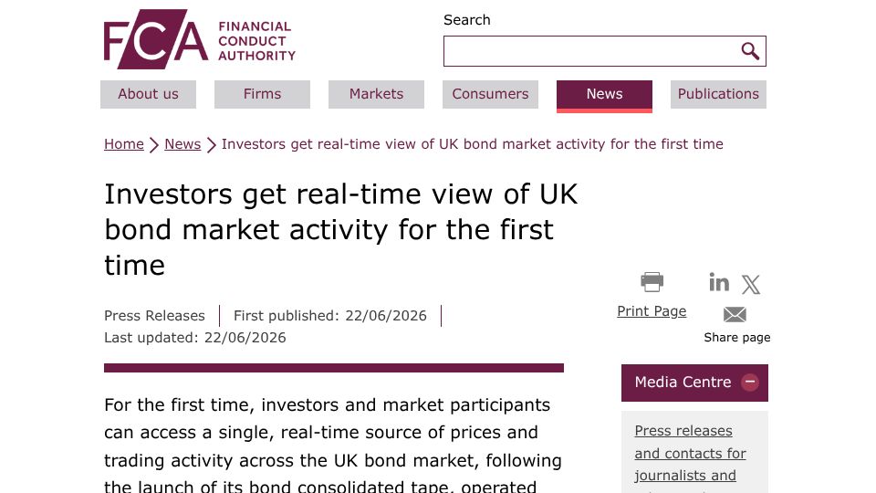 Screenshot of fca.org.uk: Investors get real-time view of UK bond market activity for the first time