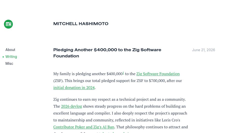 Screenshot of mitchellh.com: Pledging another $400k to the Zig software foundation