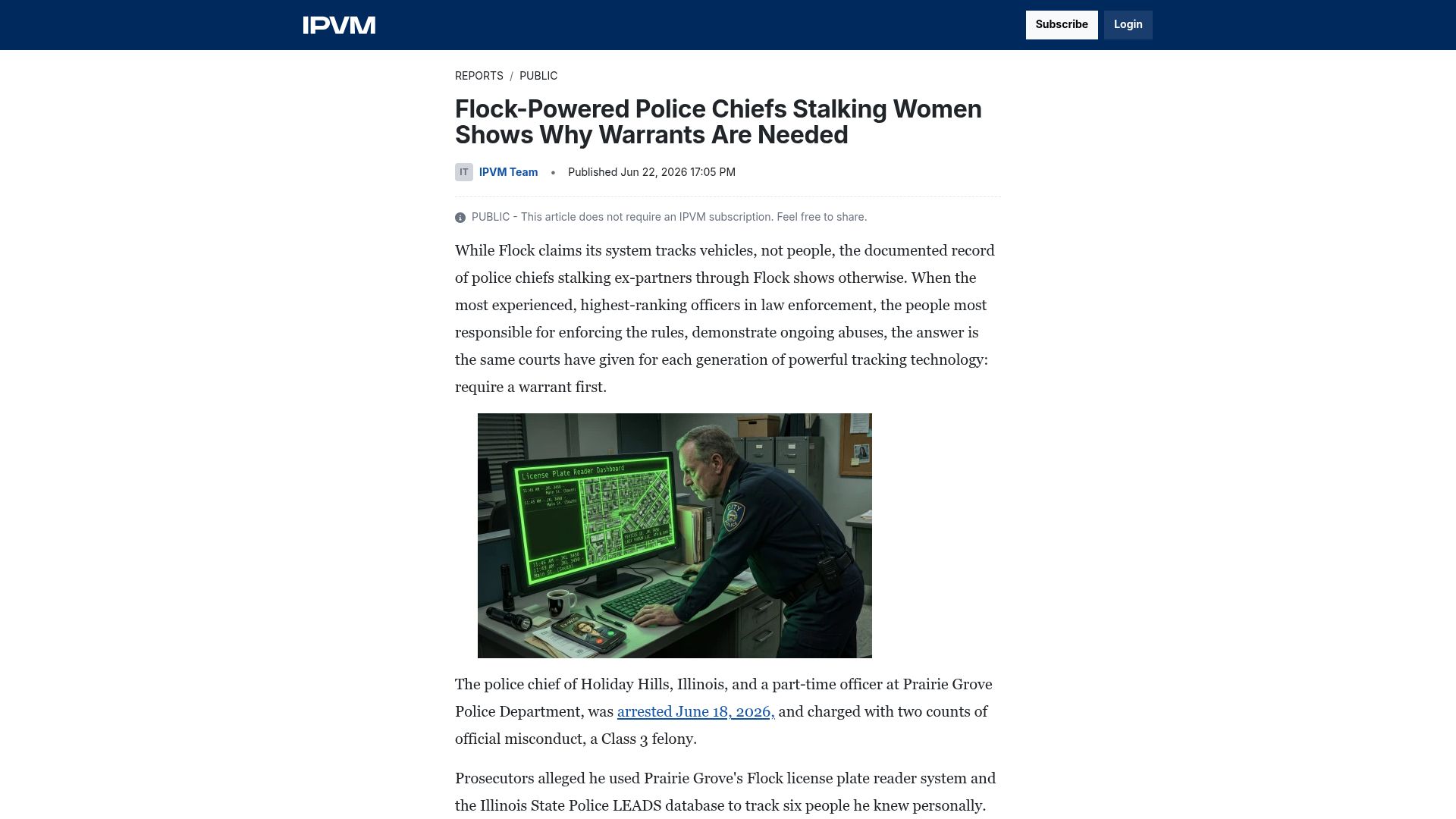 Screenshot of ipvm.com: Flock-Powered Police Chiefs Stalking Women Shows Why Warrants Are Needed