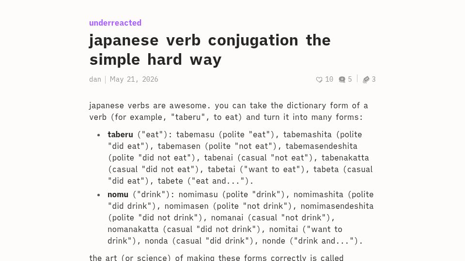 Screenshot of underreacted.leaflet.pub: Japanese verb conjugation the simple hard way