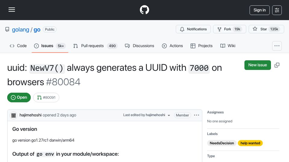 Screenshot of github.com: UUID: NewV7() always generates a UUID with 7000 on browsers (Golang)