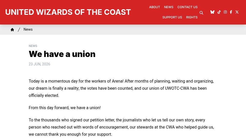 Screenshot of unitedwizardsofthecoast.com: United Wizards of the Coast recognized by NLRB
