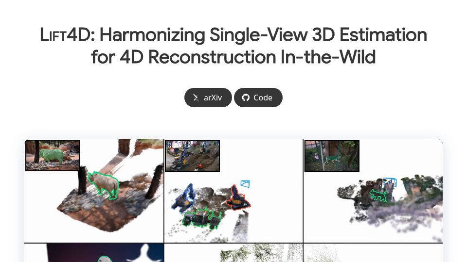 Screenshot of lift4d.github.io: Lift4D: Harmonizing Single-View 3D Estimation for 4D Reconstruction In-the-Wild