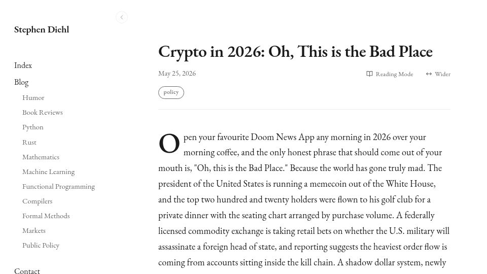 Screenshot of stephendiehl.com: Crypto in 2026: Oh, This Is the Bad Place