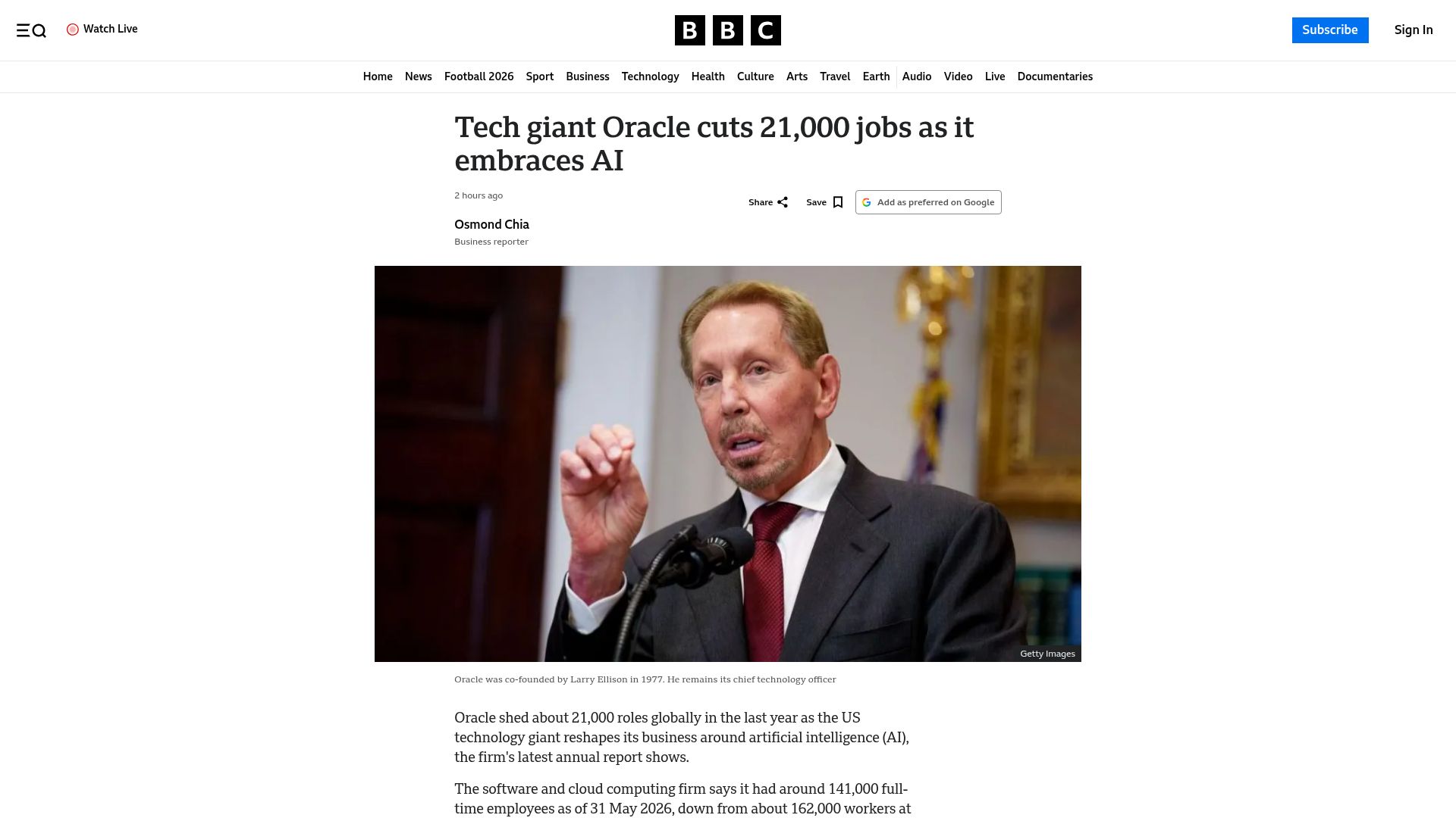 Screenshot of bbc.com: Oracle shed about 20k roles globally in the last year